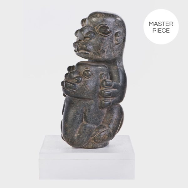 Mutter und Kind Skulptur aus grauem Serpentin vom Bildhauer Bernard Matemera