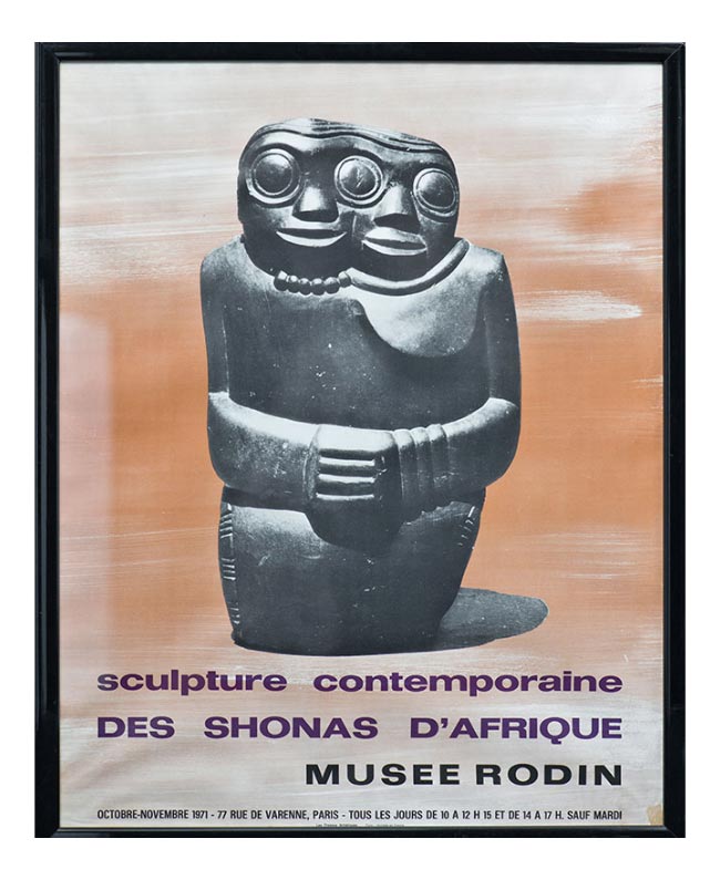 Ausstellungsplakat von 1971 Sculpture Contemporaine des Shonas d‘ Afrique, Musée Rodin, Paris, Frankreich. Skulptur von Nicholas Mukomberanwa