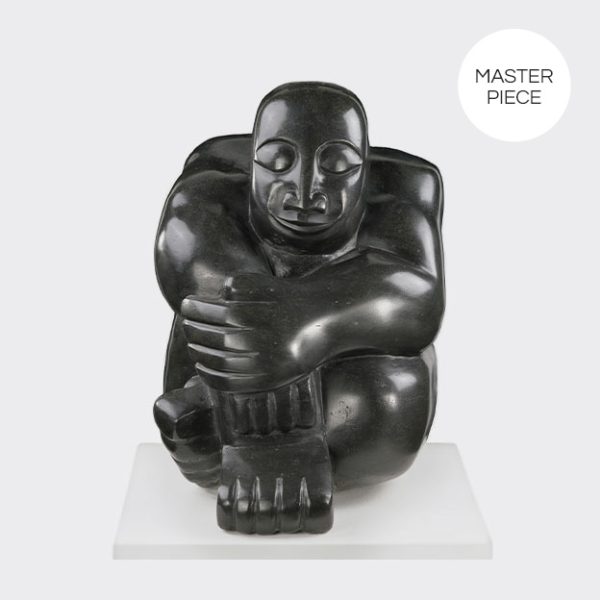 Masterpiece sitzender Mann Skulptur aus schwarzem Springstone vom Bildhauer Joseph Ndandarika
